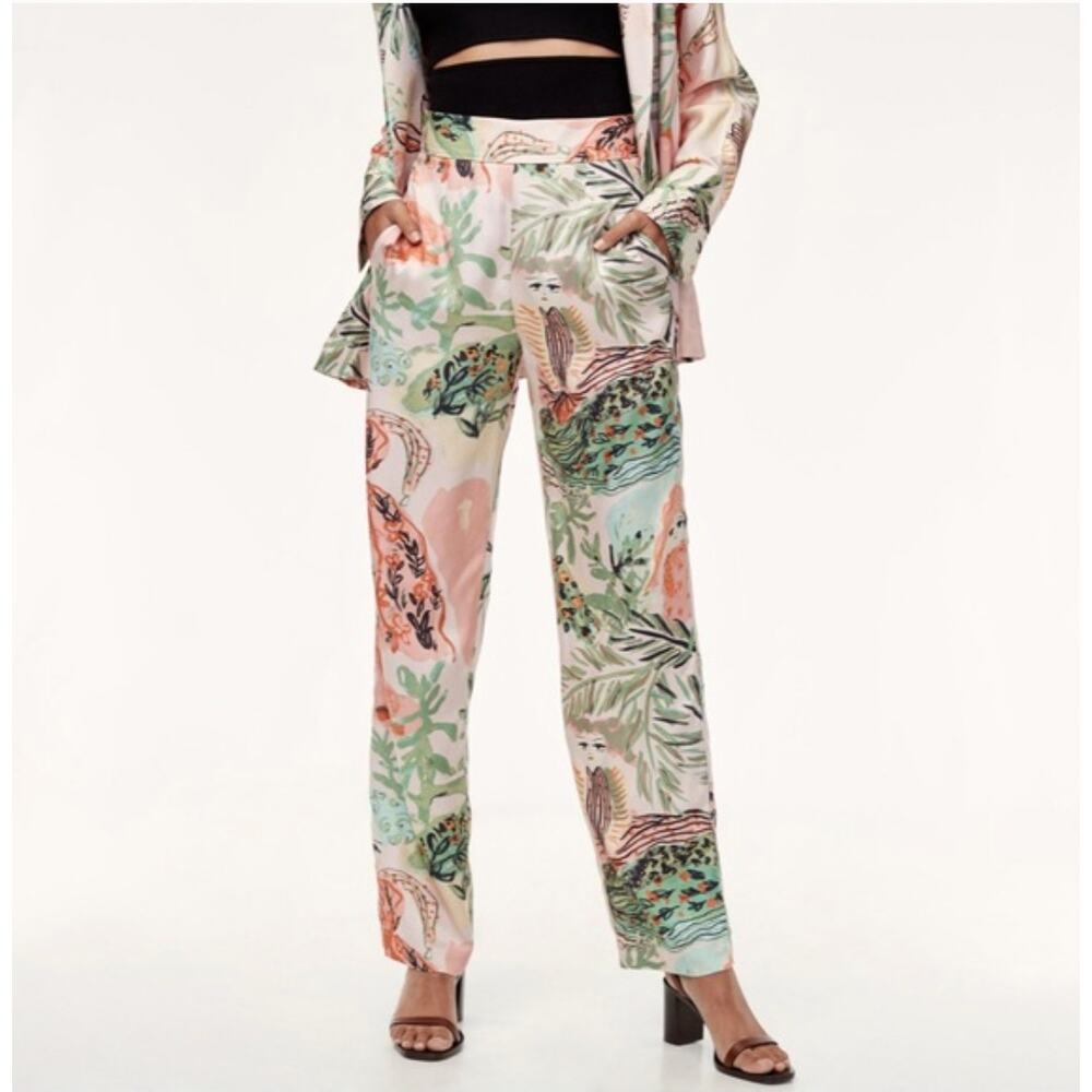 Artizia Wilfred HERVE PANTS Sz 2 Satin Floral Tropical Wearable Art Whimsical